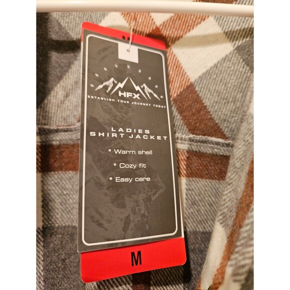 Flannel Shirt Jacket Women's Medium New w/ Tags HFX Brown Tan Grey Snap Buttons - Picture 4 of 6